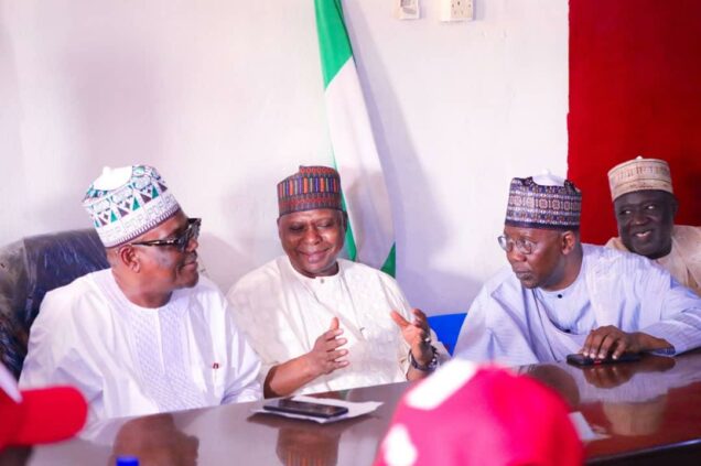 L-R: Governor of Rivers State, Nyesom Ezenwo Wike; Kebbi State PDP chieftain and Chairman of Forum of former PDP Ministers, Alhaji Kabiru Tanimu Turaki, (SAN) and former Attorney General of the Federation, Mohammed Bello Adoke (SAN), during Governor Wike’s meeting with Kebbi State PDP delegates at Birnin Kebbi on Tuesday.