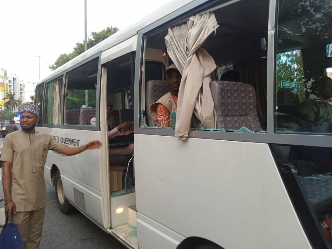 Vandalized press crew bus