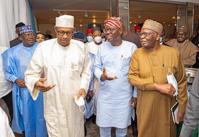 Buhari with Sanwo-Olu and Chief of Staff Professor Gambari on Sunday night