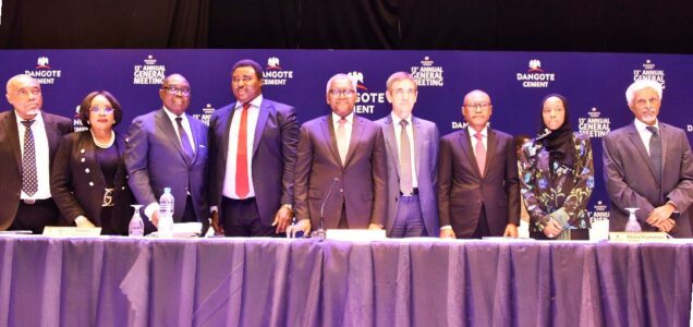 L-R: Independent Non-Executive Director, Dangote Cement Plc, Emmanuel Ikazoboh;  Independent Non-Executive Director, Dangote Cement Plc, Dorothy Udeme Ufot, SAN; Independent Non-Executive Director, Dangote Cement Plc, Ernest Ebi;  Deputy Company Secretary, Dangote Cement Plc, Edward Imoedemhe; Chairman, Dangote Cement Plc, Aliko Dangote; Group Managing Director/CEO, Dangote Cement Plc, Michel Puchercos; Non-Executive Director, Dangote Cement Plc, Olakunle Alake; Non-Executive Director, Dangote Cement Plc, Halima Aliko-Dangote; Deputy Group Managing Director, Dangote Cement Plc, Philip Mathew, at the 13th Annual General Meeting of Dangote Cement Plc, held in Lagos on 14th June, 2022