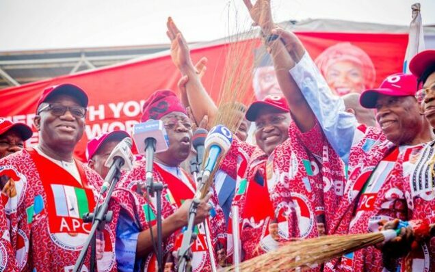 Left to right, Fayemi, Tinubu, Oyebanji, Abdullahi and others at the mega rally in Ado Ekiti