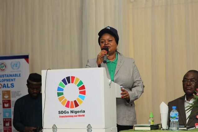 Princess Orelope-Adefulire speakig at the workshop tagged Train-The-Trainer Workshop for Facilitators and Schedule Officers of the NYSC-SDGs Champions.