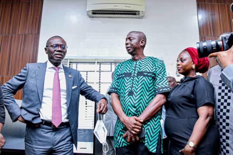 Sanwo-Olu with Okojie of Leadership and Faozia Bakare of MiTV during the visit