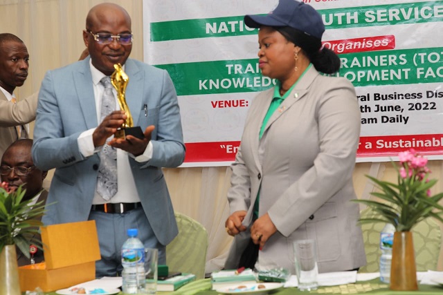Princess Orelope-Adefulire, was presented with an award for outstanding stakeholder contributions, by the Director-General of NYSC, as represented by the Director of Community Development Service, NYSC during the opening of the workshop.  