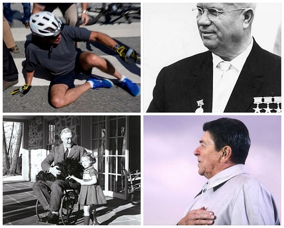 Biden falls off his bike, Nikita Kruchev, Ronald Reagan with hearing, Roosevelt onn wheelchair