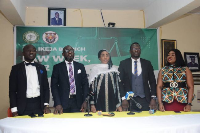 L-R: Mr Tunji Akinyemi, member Nigeria Bar Association, Ikeja branch, Ayodeji Olabiwonnu, alternate chairman NBA Ikeja 2022 Annual Law week, Mrs Adedoyin Shobiye, Vice chairman NBA Ikeja Branch, Mr Kayode Agbedejobi, secretary NBA Ikeja Branch law week and Mrs Folakemi Jegede during the press conference of NBA Ikeja branch 2022 Annual law week on Friday at Nigeria Bar centre Ikeja