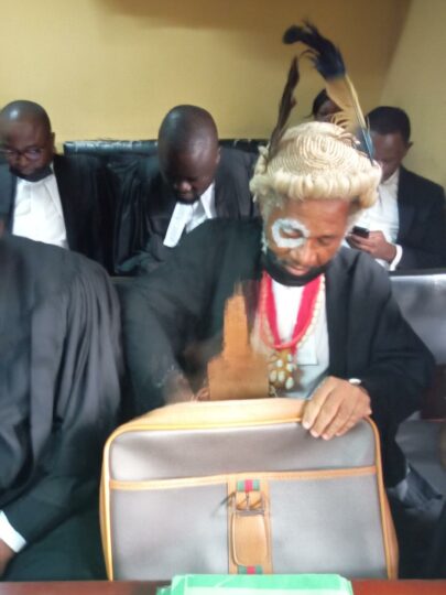 Activist lawyer Malcom Omirobo in Court in Lagos dressed in  combination of a legal practitioner and native doctor (olokun) attire  