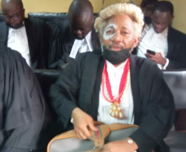 Activist lawyer Malcom Omirobo in Court in Lagos dressed in  combination of a legal practitioner and native doctor (olokun) attire