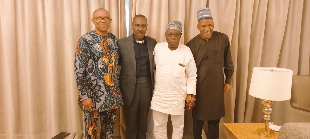 The LP presidential candidate with Obasanjo, Baba-Ahmed and Pastor Ituah Ighodaro during the visit.