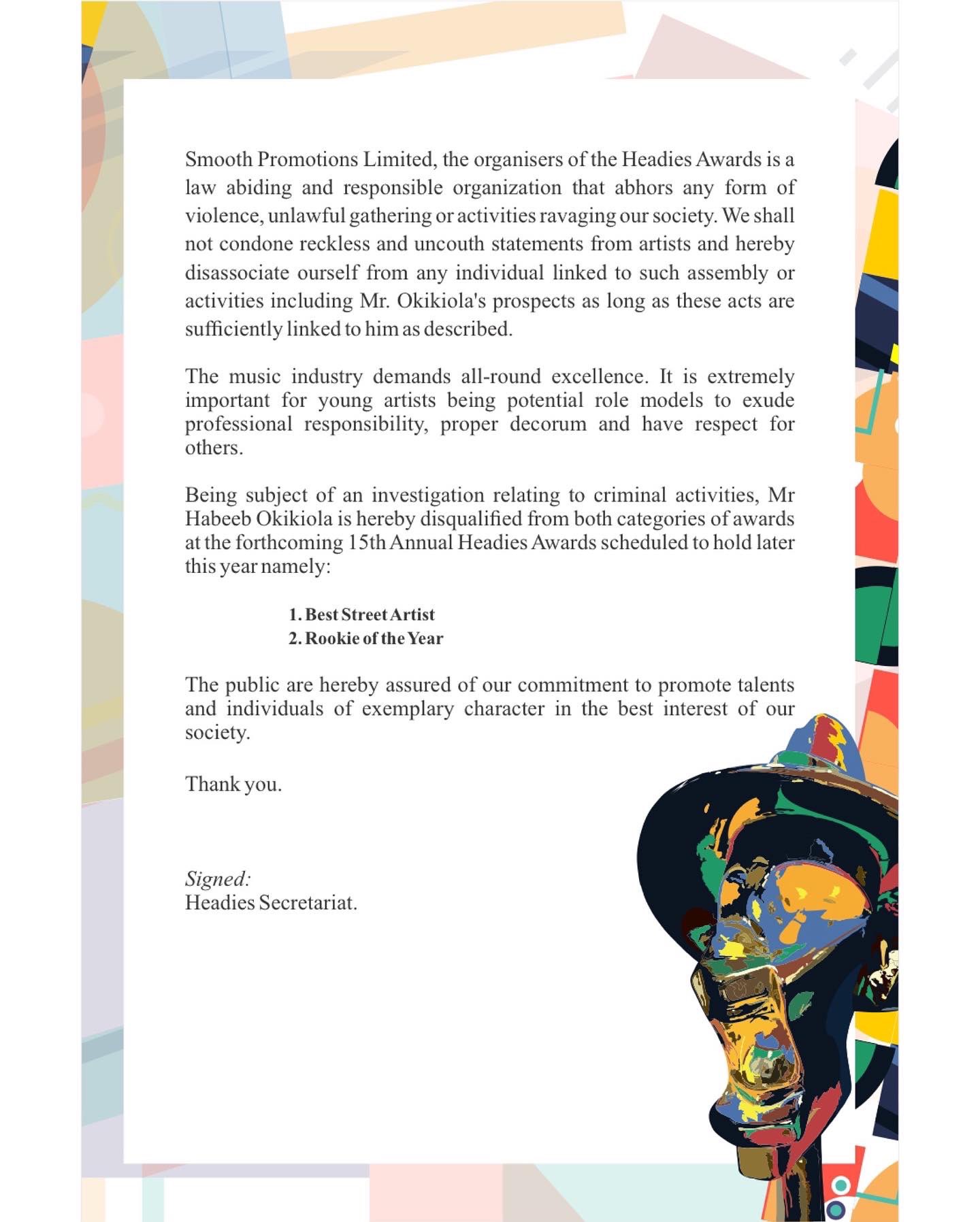 Letter from Headies