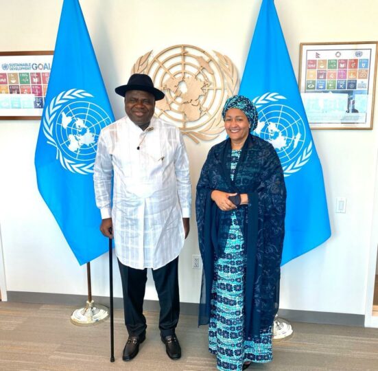 Left) Bayelsa State Governor, Senator Douye Diri at the United Nations headquarters in New York when he visited the UN Deputy Secretary-General, Dr. Amina Mohammed on Thursday.