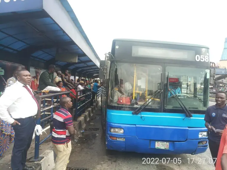 A long queue of passengers waiting to board bus at one of the BRT terminals in Lagos