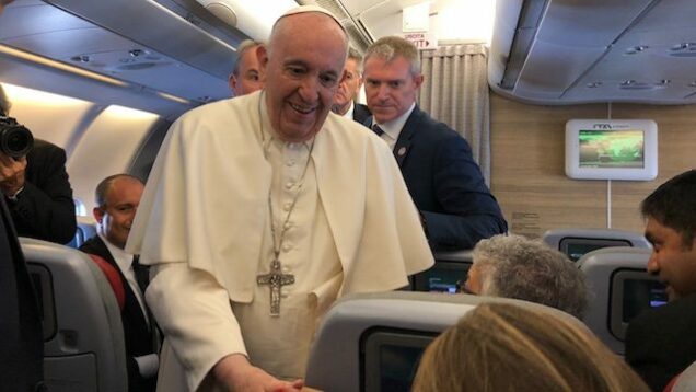 Pope Francis during his flight from Rome to Edmonton Canada