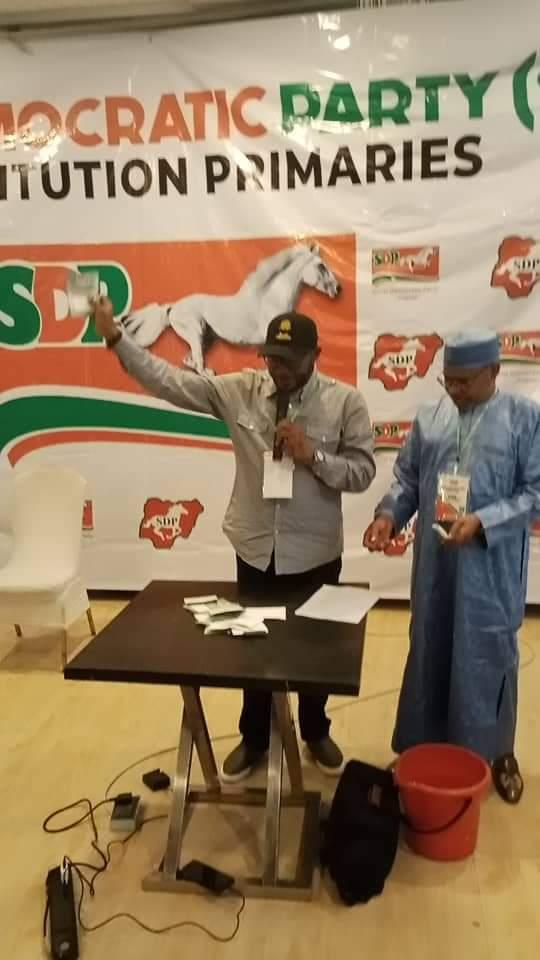 Alhaji Muhammed Ibrahim, chairman of SDP substitution electoral committee declared Magnus Abe the winner