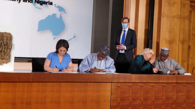 L-R: Germany’s Minister of Foreign Affairs, Ms Annalena Baerbock; Minister of Information and Culture Lai Mohammed; Germany’s Minister of State for Culture and the Media Claudia Roth and the Minister of State for Foreign Affairs, Zubairu Dada, at the signing of the Joint Declaration for the return of Benin Bronzes in Berlin on Friday.