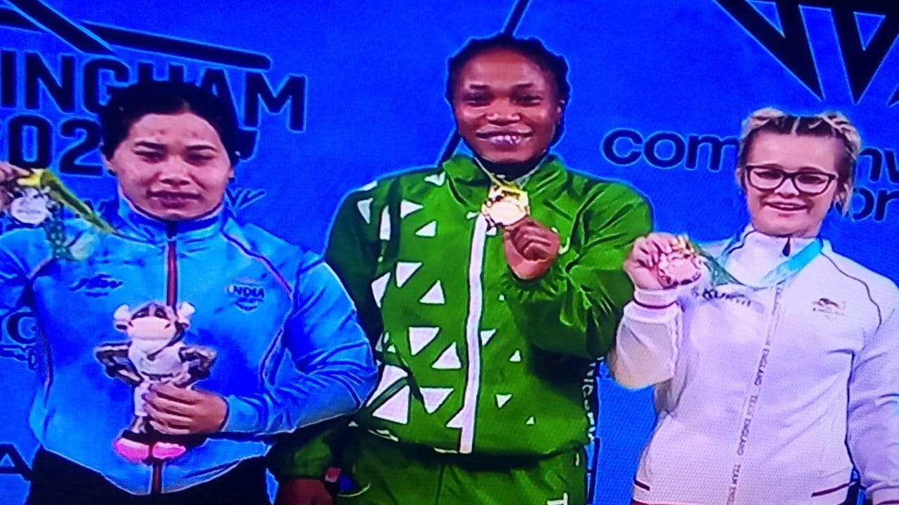 Adijat Olarinoye (middle0 won gold for Nigeria at the 2022 Commonwealth Games