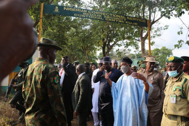Minister of Interior, Rauf Aregbesola and other officials at Kuje prison, Abuja on Friday