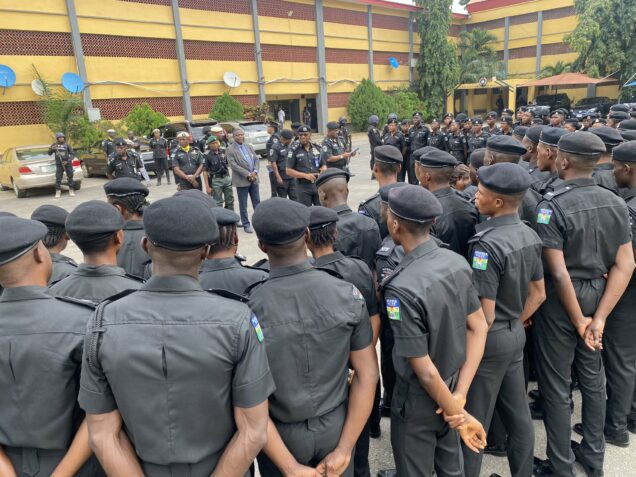 The new police Constables listening to CP Abiodun Alabi at Ikeja police command headquarters on Monday.constables Lagos