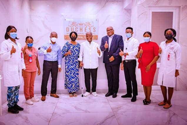 Vice President Yemi Osinbajo, SAN, (centre) over the weekend following his recent successful surgery at the Duchess International Hospital, Ikeja, Lagos (L -R Dr. Tokunbo Shitta-Bey, hospital CEO, Mrs Dolapo Osinbajo, the Vice President & his Chief Personal Physician Dr. Nic Audifferen) Photo: Tolani Alli