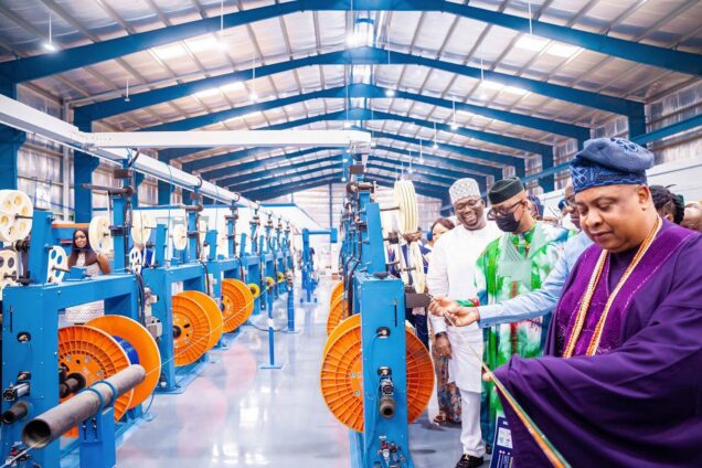 Gov. Dapo Abiodun of Ogun inside the first fibre optic cable manufacturing factory in West Africa, the Coleman Wire and Cable Fibre Optic Company he inaugurated on Thursday.
