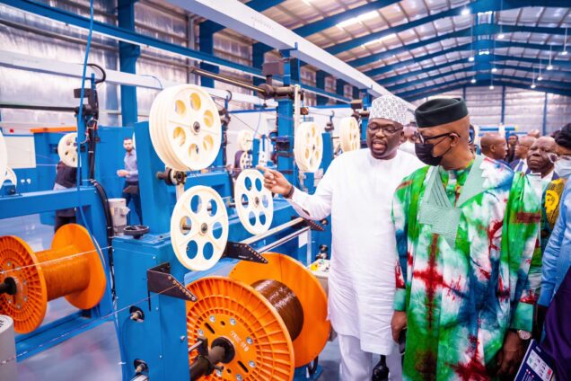 Gov. Dapo Abiodun of Ogun inside the first fibre optic cable manufacturing factory in West Africa, the Coleman Wire and Cable Fibre Optic Company he inaugurated on Thursday.