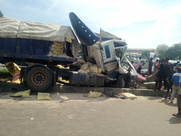 The heavy-duty truck  that crushes four vehicles close to Karu Bridge on the ever busy Abuja- Nyanya- Keffi Express way on Sunday