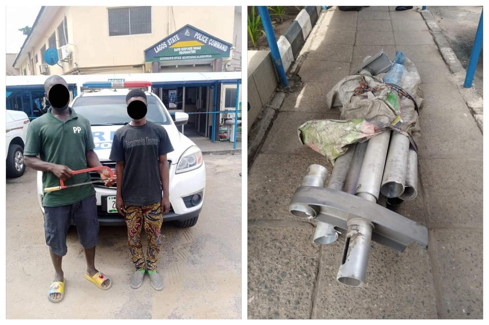 Suspected vandals, Abdullateef Abdulrahim and Aliyu Lawan; arrested with a pile of already cut crash barriers in Lagos