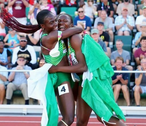 Amusan and Brume celebrating their feat