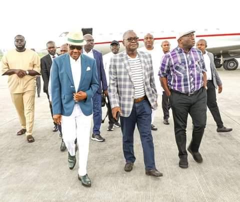 Abia Governor, Okezie Victor Ikpeazu(right) Benue State, Governor Samuel Ortom and Governor Nyesom Wike on their arrival to Port Harcourt from one of their recent trips to London.