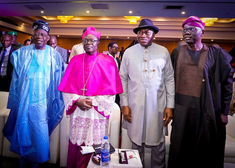 L-R: Tinubu, Kukah, Jonathan and Sanwo-Olu at the event.