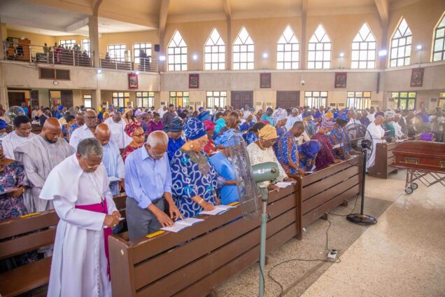 Cross section of attendees at the commendation mass held for the late Mr Olatunji Ayanlaja at St Agnes Catholic Church, Maryland, Lagos, earlier today