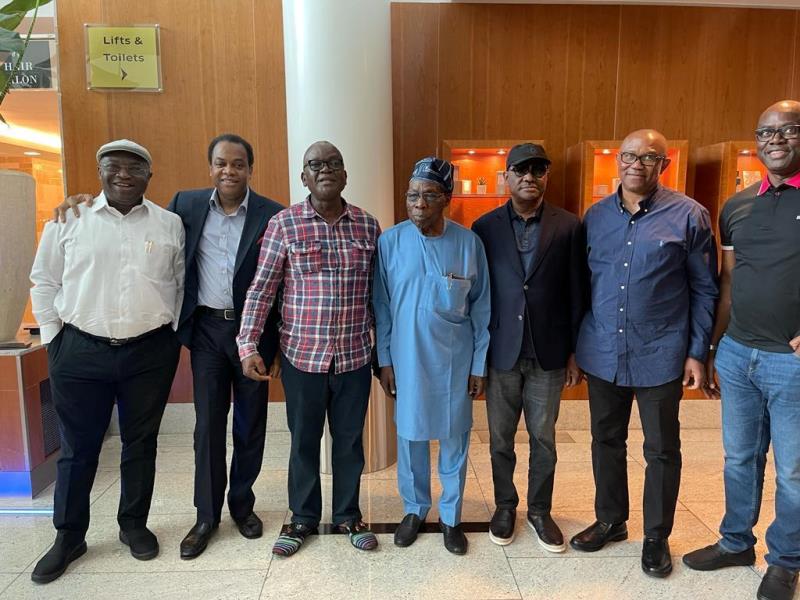 L-R: Ikpeazu, Duke, Ortom, Obasanjo,Wike, Obi and Makinde in London