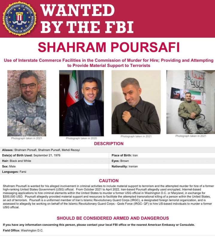 FBI poster declaring Shahram Poursavi wanted for Bolton's attempted murder