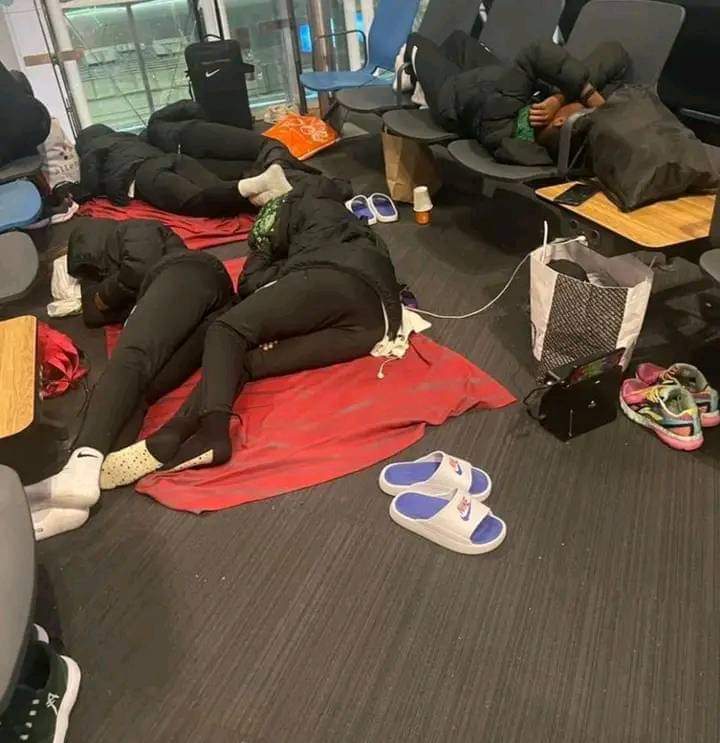 players of Super Falconets, Nigeria's junior female football team sleeping on chairs and floors at Istanbul airport, Turkey