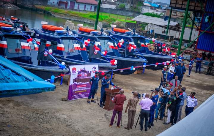 Minister of Interior, Ogbeni Rauf Aregbesola inaugurating eight gunboats for the Nigeria Security and Civil Defence Corps (NSCDC) on Tuesday as part of efforts to curb oil theft in the Niger Delta.
