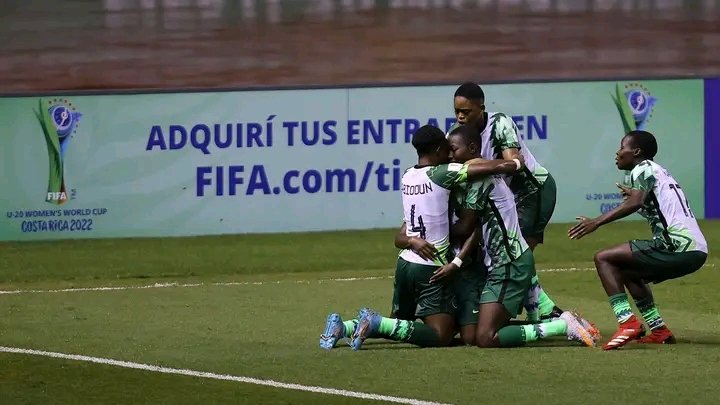 Nigerian players celebrate their goal