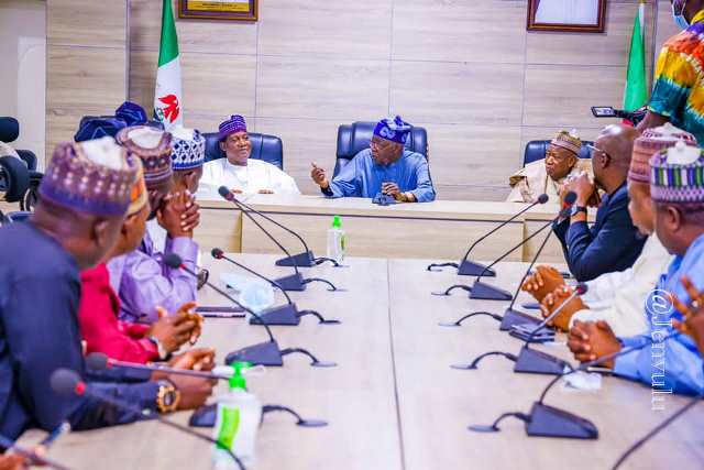 The APC presidential candidate at a meeting with Lalong, Abdullahi Ganduje and others