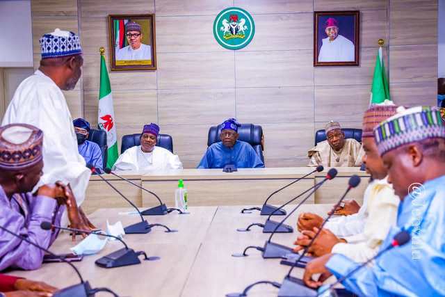 The APC presidential candidate at a meeting with Lalong, Abdullahi Ganduje and others