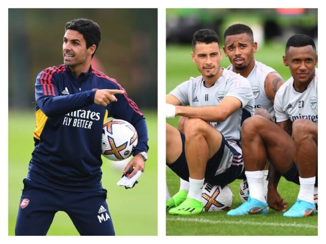 Coach Mikel Arteta and some Arsenal players at training on Thursday
