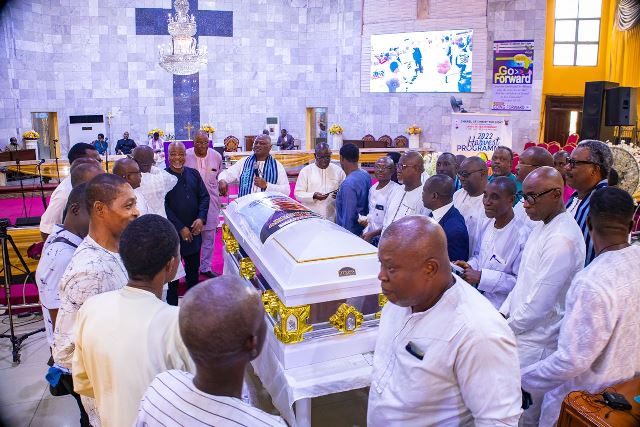 The remains of Mr. Kadiri during the funeral service at Chapel of Christ the Light, Alausa