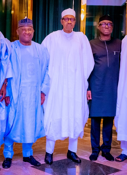 President Muhammadu Buhari, President, Federal Republic of Nigeria (Middle) Abdul Samad Rabiu, Founder & Executive Chairman, BUA Group (Left), and Niyi Adebayo, Nigerian Minister of Industry, Trade and Investment (Right) during the visit of Abdul Samad Rabiu and BUA Group Management Team, to the State House in Abuja, today.