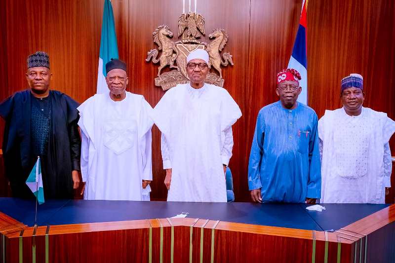 L-R: Adamu, Buhari, APC Presidential candidate, Bola and Lalong during the meeting