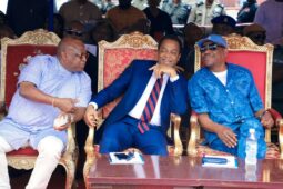 Rivers State governor, Nyesom Ezenwo Wike (right); former Cross River State governor, Donald Duke (middle) and Peoples Democratic Party national vice chairman, Chief Dan Orbih during the flag off of the construction of flyover  bridge (11) at Ikwerre road, Rumuokuta and Rumuola junction in Rumuokuta on Thursday.      Sent from Yahoo Mail on Android