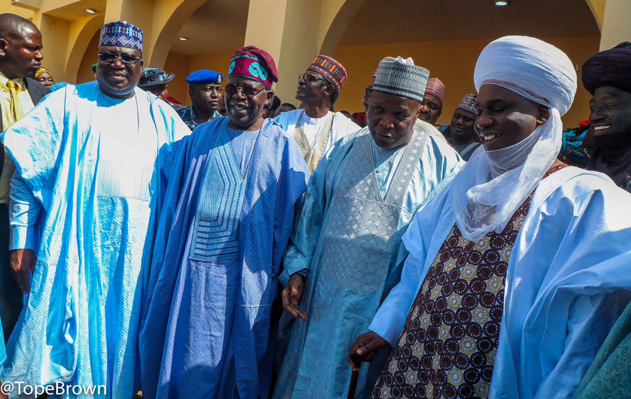 Tinubu, Shettima, Lawan, Buni arriving at the palace of the Emir of Gombe, Alhaji Abubakar Shehu Abubakar III