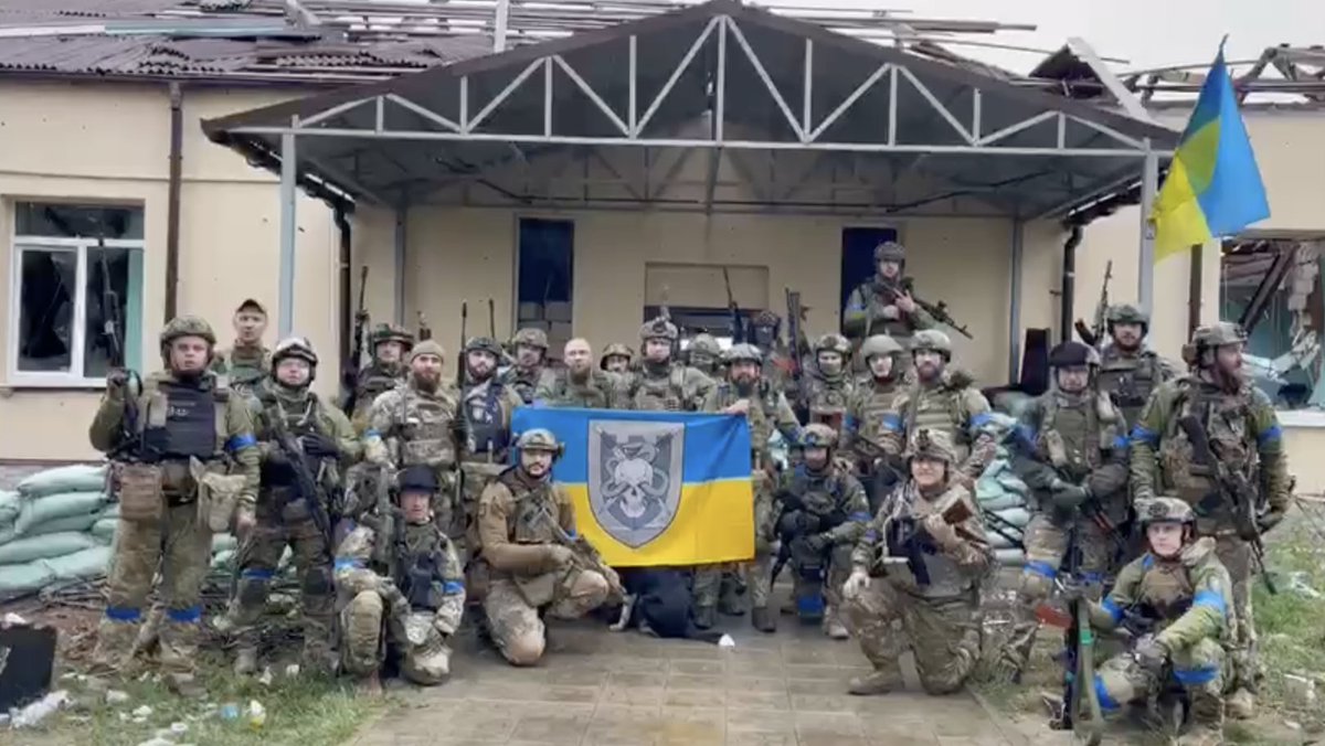 Ukrainian troops in one of the cities liberated