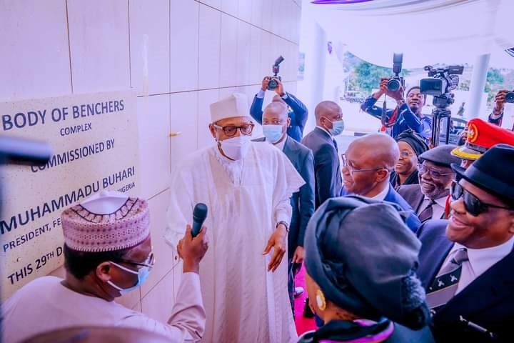 Rivers State, Nyesom Wike meets President Muhammadu Buhari (retd.), on Thursday during the inauguration of Body of Benchers Complex in Abuja.