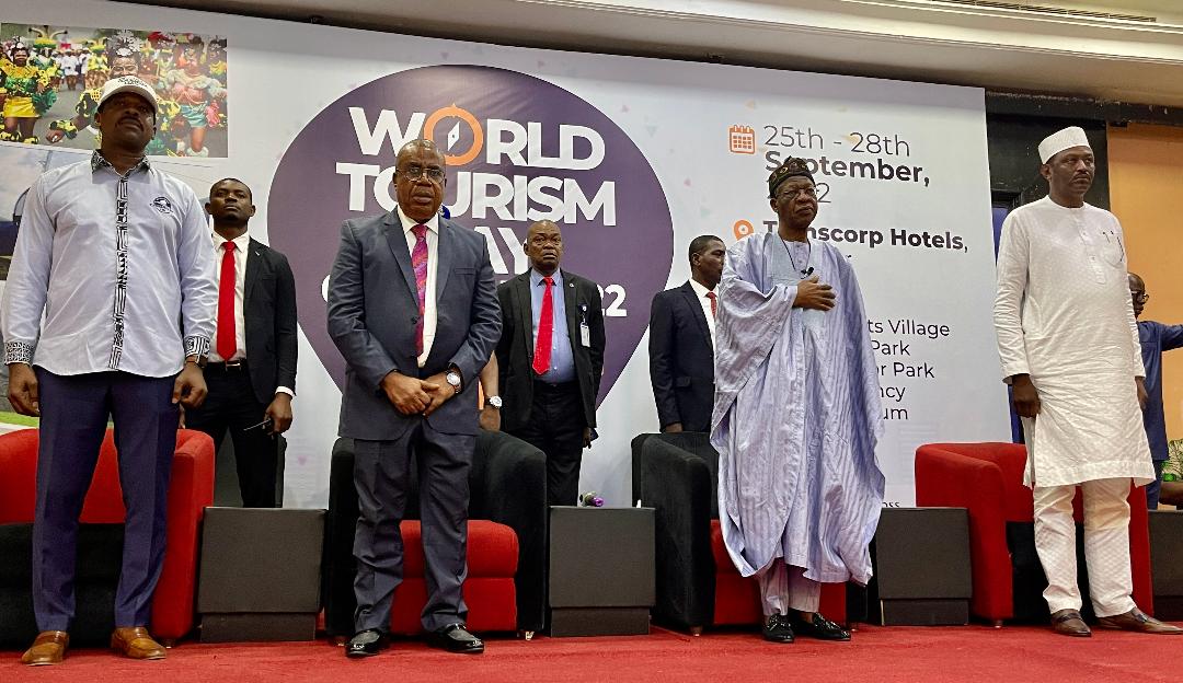 L-R: Cross River State Commissioner for Culture and Tourism, Mr. Eric Anderson; Deputy Governor of Cross River State, Prof. Ivara Esu; Minister of Information and Culture, Alhaji Lai Mohammed and the Director General National Institute for Hospitality and Tourism, Mr. Nura Kangiwa, at the 2022 World Tourism Day in Calabar, Cross River State, on Tuesday.