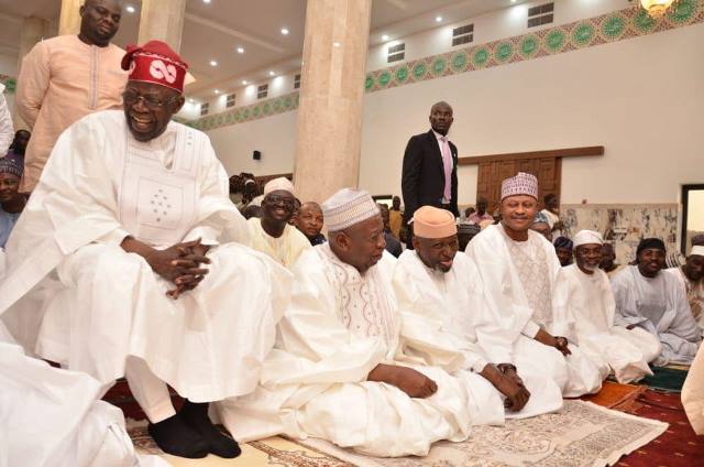 The APC Presidential candidates and others at the Abuja National Mosque for Juma'at prayers