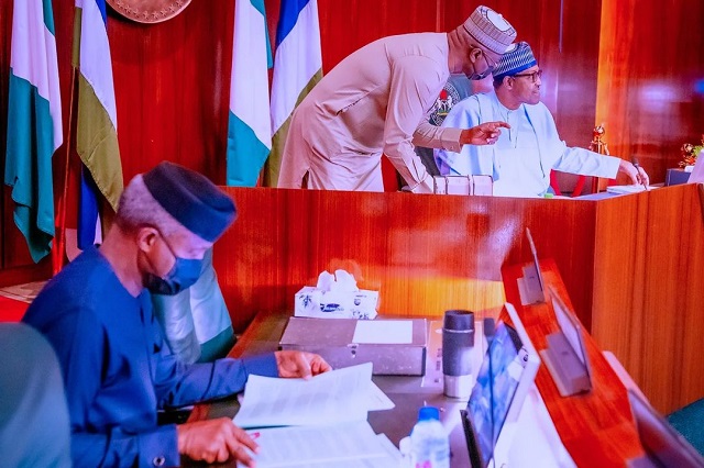 Buhari with Boss Mustapha and Osinbajo at the FEC meeting