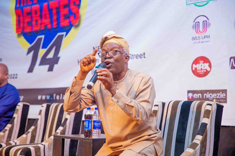 Femi Falana SAN while making his contribution at the 14th edition of Fela Debates held in Lagos. Photo: Efunla Ayodele